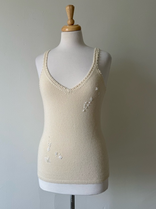 Barney Chang Tops - Barney Cheng Knit Tank Cream Embellished Beaded Y2K Soft Girl